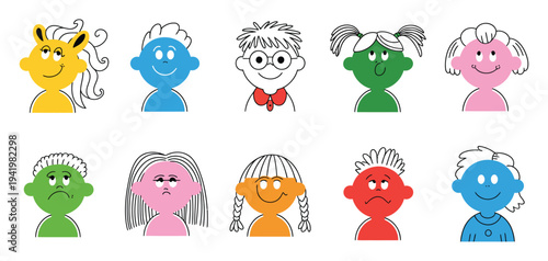 Child Face Portraits Vector Set, Simple Children Characters with Happy Kids Heads and Line Hair, Cute Emotion and Feeling Expressions, Colorful Diversity School Kids Avatars for Education Design