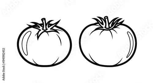 Two ripe tomatoes depicted in a stark black outline silhouette