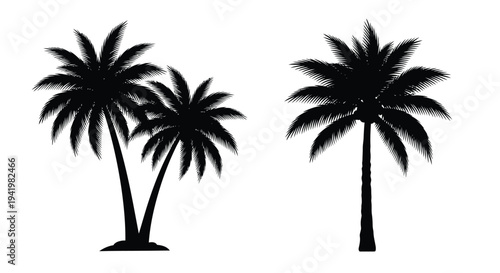 Three palm trees and a single tree in striking black silhouette