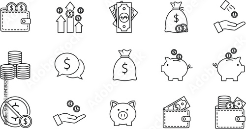 Finance and money line icons set, banking and savings symbols, investment growth and wealth management concept, currency and wallet outline icons.