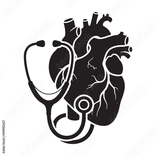 A medical illustration of a human heart with a stethoscope wrapped around it silhouette