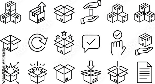 Logistics and shipping line icon set featuring cardboard boxes, delivery packages, unboxing experience, return arrows, order tracking, and warehouse distribution symbols.