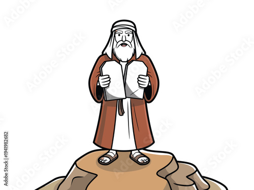 Moses stands upon the mountain holding the stone tablets inscribed with the Ten Commandments.