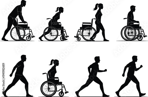 Wheelchair to walking silhouette illustration, rehabilitation recovery, mobility independence, empowerment, healthcare support, disability progress concept design