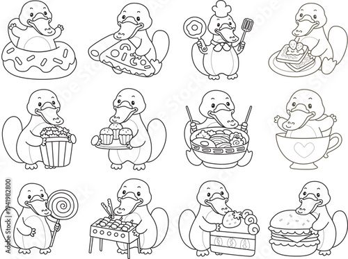 Coloring pages of Cute set of platypus sticker with activity. Outline of platypus 