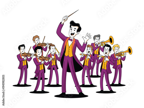 An orchestra conductor directs a group of musicians playing violins and brass instruments with.