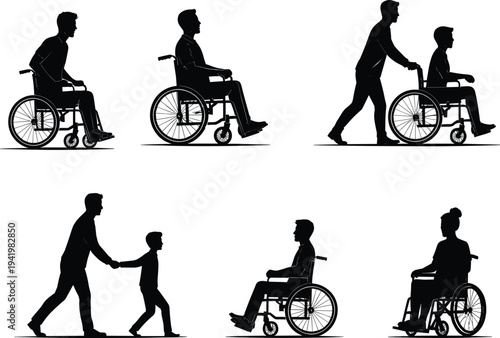 Wheelchair silhouette illustration, caregiving support, mobility assistance, family and healthcare aid, disability compassion, inclusive care concept design