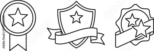 Three star rating icons with shield and ribbon designs for awards and recognition