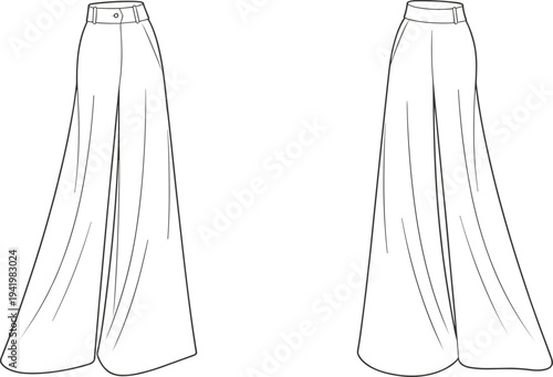 Wide leg pants technical fashion illustration, flat sketch front and back view, apparel design template vector drawing