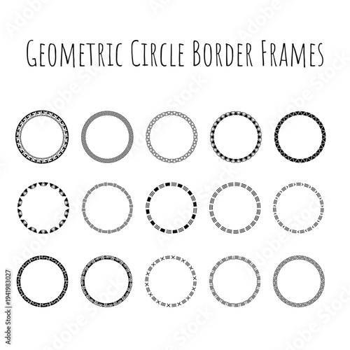 Geometric Circle Border Frame Set, Greek Key Meander Triangle Dash Aztec Ethnic Ornamental Round Ring Clipart