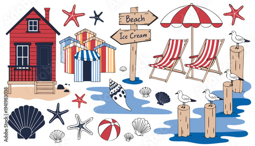 Beach set with cabin, lounge chairs, lifebuoy and ice cream.eps