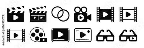 Cinema Line and Flat Icons Set Vector Illustration, Camera, Film, Clapper Board, Reel, and Video Player Symbols for Movie Production, Filmmaking, Media Entertainment, and Film Industry Design