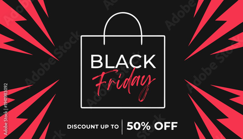 Black Friday Sale Banner Template with 50 Percent Discount Offer and Shopping Bag Icon on Dark Geometric Background.eps