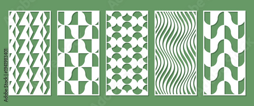 Set of modern rectangular laser cut panels with abstract geometric patterns. Vector templates for CNC cutting, decorative screens, partitions, wall panels, room dividers and interior decor.