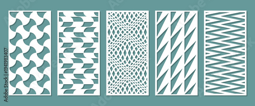Collection of decorative rectangular laser cut panels with dynamic abstract patterns. Vector templates for CNC machines, wood carving, metal screens, partitions, wall decor and modern interiors.