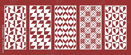 Set of rectangular decorative laser cut panels with geometric patterns. Modern vector templates for CNC cutting, wood carving, metal screens, room dividers, wall decor and interior design.