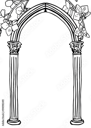 Hand drawn Gothic arch with orchids, medieval pointed archway with fluted columns and climbing orchid flowers, floral architecture frame, black ink isolated on white
