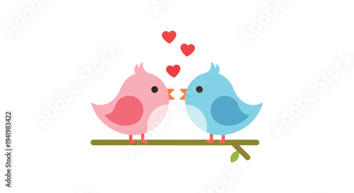 Adorable cartoon birds sharing a romantic moment on a branch