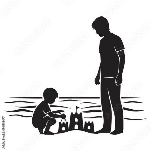 A silhouette of a man watching a child build sandcastles on the beach