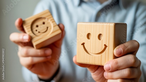 Wallpaper Mural Close-up of a person's hands holding wooden blocks with happy faces, conveying positivity and good mood Torontodigital.ca