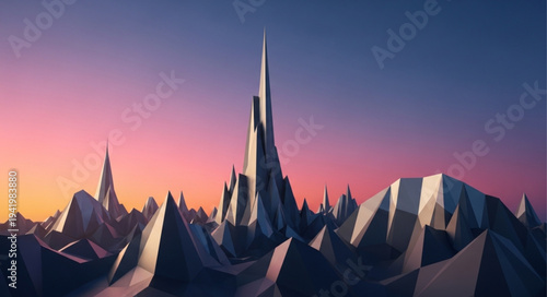 Futuristic Cityscape with Tall Skyscrapers and Mountainous Terrain.