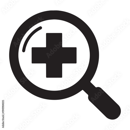 A magnifying glass with a medical cross symbol is used for searching health information silhouette