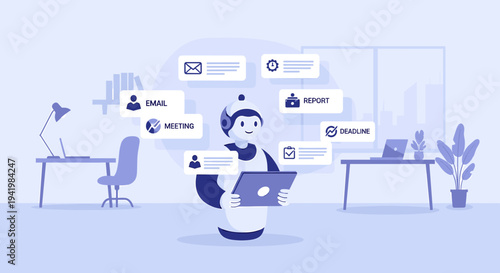 An AI robot assistant managing various business tasks and communications in a modern office environment.