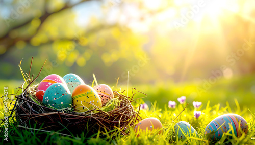 Bunt bemalte Ostereier im Nest mit Frühlingsblumen im Sonnenlicht