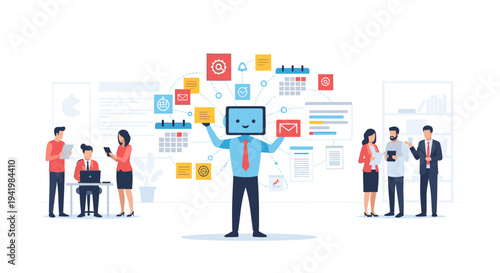 A computer-headed businessman juggles various business icons representing tasks and data management in a modern office setting.