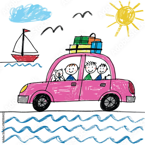 A fun red cartoon vector illustration of a family and their pet animal driving an auto vehicle on the road for a travel transportation adventure in a red automobile