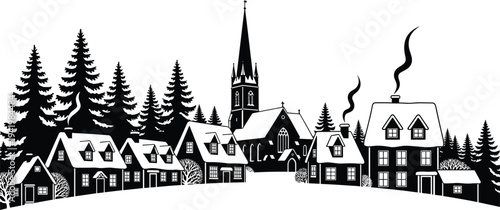 Winter village silhouette with snowy houses and church building near pine trees forest for Christmas holiday celebration vector isolated illustration.