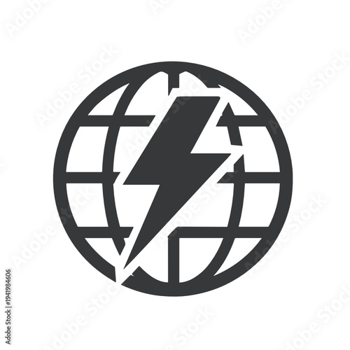 Globe with lightning bolt represents worldwide electricity, energy networks and global power infrastructure. Monochrome vector icon for utilities, smart grids and technology.