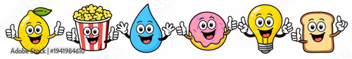 Horizontal row of cute smiling mascot icons featuring lemon, popcorn, water drop, donut, light bulb and toast. Colorful flat vector banner for food, fun, snack and cartoon branding.