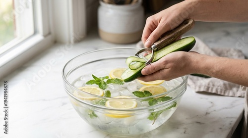 Hands slicing cucumbers for detox water with a careful mood crafting a healthful beverage against a bright marble kitchen background