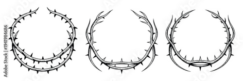 Frame of Thorns Vector Illustration, Decorative Thorny Branch Border with Sharp Spikes Forming a Circular Frame, Gothic and Religious Symbol Design for Posters, Tattoos, Invitations, and Graphic Layou