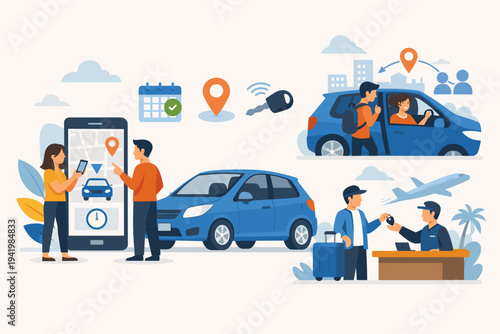 Car Sharing and Rental Service Concept Illustration with People Using Mobile App for Booking, Picking Up Keys at Airport Desk, and Carpooling, Blue Vehicle on Light Background Vector.