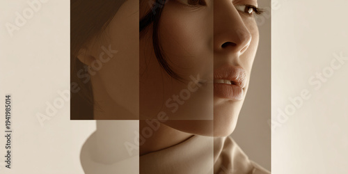 Elegant East Asian womans face, fragmented into geometric sections, showcasing beauty and identity Concept of perception, art, and modern portraiture