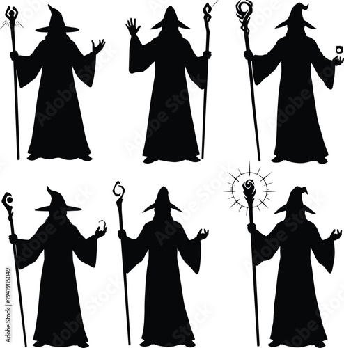 Wizard silhouettes with staffs, magic poses, sorcerer, mage, fantasy character design, spellcasting, mystical power, cad drawing flat vector illustration