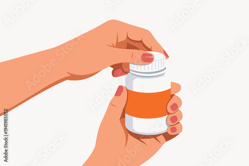Flat Vector Illustration of Female Hands Opening a White Plastic Pill Bottle with an Orange Label, Representing Healthcare, Medical Treatment, Pharmacy, Vitamin Supplements, and Daily Medication