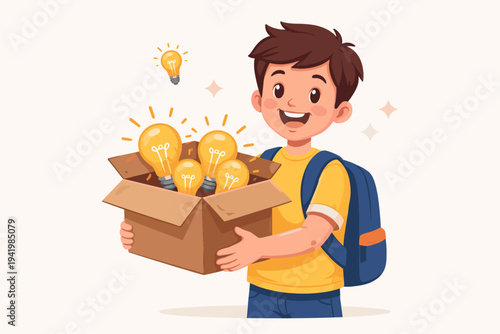 Happy Boy Student with Backpack Holding a Box of Glowing Light Bulbs Representing Brilliant Ideas, Creativity, Innovation, and Learning Concepts, Flat Vector Illustration for Education Design