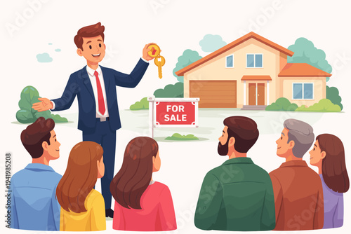 Vector illustration of a professional real estate agent in a suit holding keys and presenting a suburban house for sale to a crowd of potential buyers. Property market and home ownership concept.