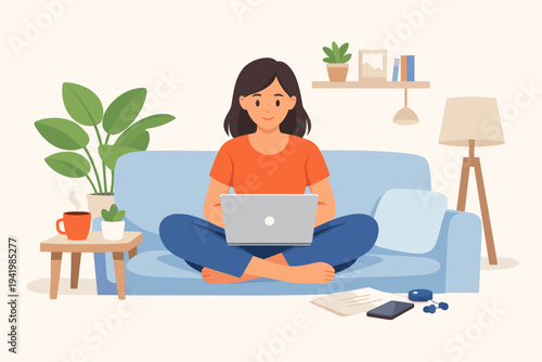 Young woman freelancer working on laptop while sitting on sofa at home. Flat vector illustration of remote work, telecommuting, and digital nomad lifestyle in a cozy living room with indoor plants.