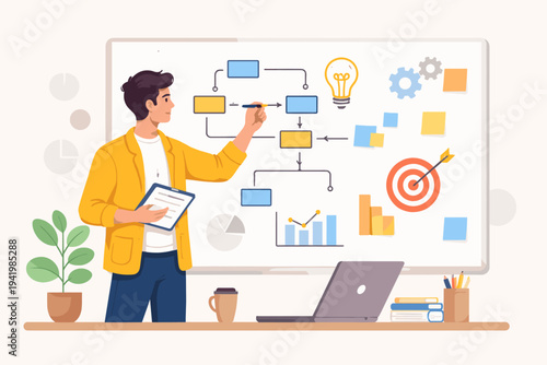 Vector illustration of a young male entrepreneur in a yellow jacket planning a business project on a whiteboard with flowcharts, lightbulb icon, target, and charts in a modern office workspace.