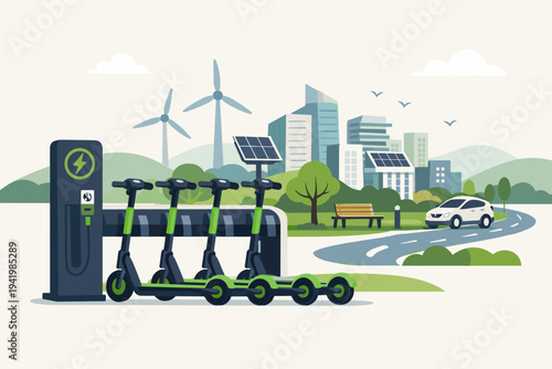 Sustainable urban mobility concept featuring electric scooter charging station, wind turbines, solar panels, and electric car in a green smart city. Modern flat vector illustration design.