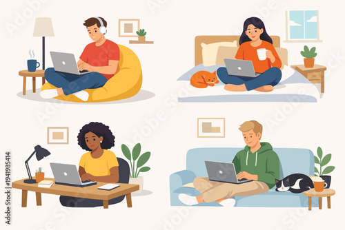 Flat Vector Illustration of Diverse Young People Working Remotely from Home Using Laptops in Various Cozy Settings Like Sofa, Bed, Beanbag, and Desk, Representing Freelance Lifestyle and Digital Work
