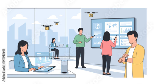 Modern office environment showcasing advanced technology with drones, smart displays, and digital interfaces.