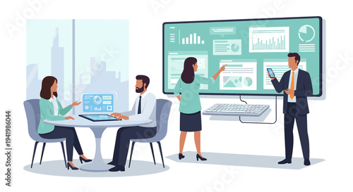 Business professionals collaborating on data analysis using a large interactive screen in a modern office setting.