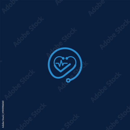 Blue medical heart logo with stethoscope healthcare concept health checkup.