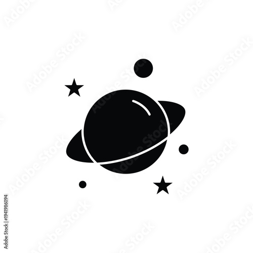 Black Saturn Planet with Rings and Stars Icon.