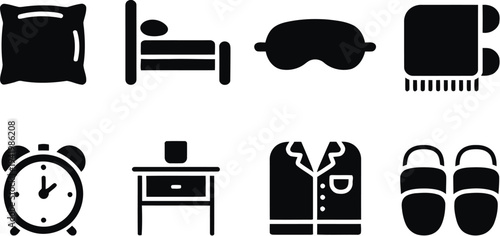 Bedroom interior elements for comfortable sleep and rest icons